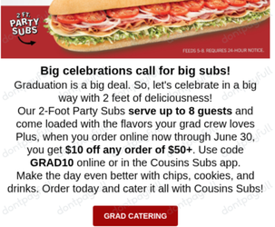 $10 Off Cousins Subs Coupon, Coupon Codes - June 2025