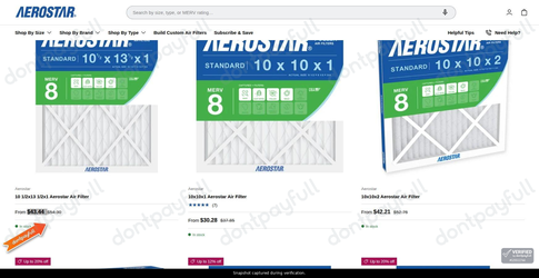 Snapshot of Air Filters Delivered promo: 'Up to 20% Off Aerostar Merv 11 Filters' - captured during verification by DontPayFull on 23-Oct-2026.