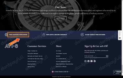 Snapshot of AVI-8 promo: 'Free Worldwide Shipping on Orders' - captured during verification by DontPayFull on 18-Jun-2026.
