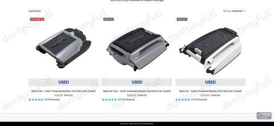 Snapshot of Betta promo: 'Enjoy Up to $200 Off Certified Used Solar-Powered Robotic Pool Skimmers' - captured during verification by DontPayFull on 27-Sep-2026.