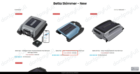 Snapshot of Betta promo: 'Up to 25% Off Betta Robotic Pool Skimmers' - captured during verification by DontPayFull on 27-Sep-2026.