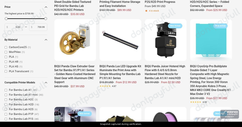 Snapshot of Biqu promo: 'Up to 90% Off 3D Printer Accessories' - captured during verification by DontPayFull on 17-Aug-2026.