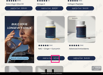 Snapshot of Blueprint Bryan Johnson promo: 'Shop Longevity Protocols from $27' - captured during verification by DontPayFull on 03-Jul-2026.