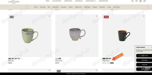Snapshot of COSTA NOVA promo: 'Up to 40% Off Select Mugs' - captured during verification by DontPayFull on 30-Sep-2026.