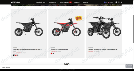 Snapshot of Yozmasport promo: 'Up to €500 Off Electric Dirt Bikes' - captured during verification by DontPayFull on 30-Jun-2026.