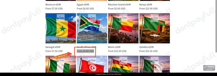 Snapshot of EVASIM promo: 'Africa eSIMs from $4' - captured during verification by DontPayFull on 28-Oct-2026.