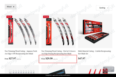 Snapshot of EZARC promo: 'Save up to 45% on Select Saw Blades for Wood' - captured during verification by DontPayFull on 29-Jun-2026.
