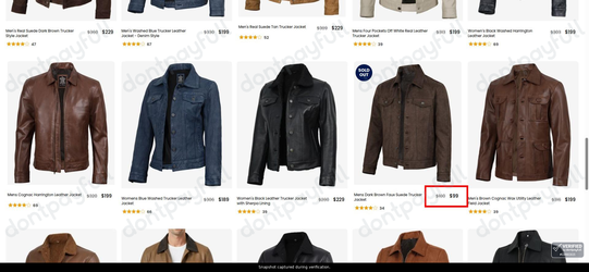Snapshot of FJackets promo: 'Enjoy Up to 45% Off Men's and Women's Leather Trucker Jackets' - captured during verification by DontPayFull on 26-Jul-2026.
