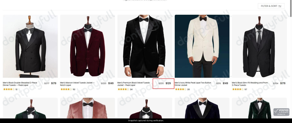 Snapshot of FJackets promo: 'Enjoy Up to 40% Off Tuxedo Suits' - captured during verification by DontPayFull on 25-Jul-2026.