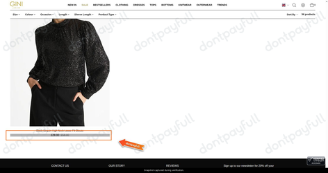 Snapshot of Gini London promo: 'Save up to 50% on Elegant Tops' - captured during verification by DontPayFull on 27-Sep-2026.