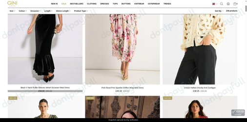 Snapshot of Gini London promo: 'Up to 30% Off Dresses, Tops and Knitwear in the Sale' - captured during verification by DontPayFull on 27-Sep-2026.