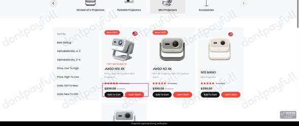 Snapshot of JMGO promo: 'Up to $600 Off Mini Projectors' - captured during verification by DontPayFull on 30-Jun-2026.