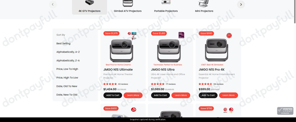 Snapshot of JMGO promo: 'Up to 55% Off 4K Gtv Projectors' - captured during verification by DontPayFull on 30-Jun-2026.