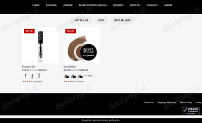 Snapshot of K7L Cosmetics promo: 'Up to 22% Off Brow Products' - captured during verification by DontPayFull on 01-Jul-2026.
