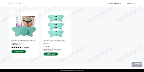 Snapshot of Med-Fit promo: 'Up to £30 Off Fem-Ova Period Pain Relief Devices' - captured during verification by DontPayFull on 27-Sep-2026.