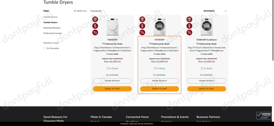 Snapshot of Miele promo: 'Save up to $600 on Heat-Pump Dryers' - captured during verification by DontPayFull on 16-Aug-2026.