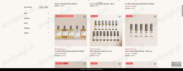 Snapshot of Noted Aromas promo: 'Up to 40% Off Perfume & Aftershave Bundles' - captured during verification by DontPayFull on 30-Jun-2026.