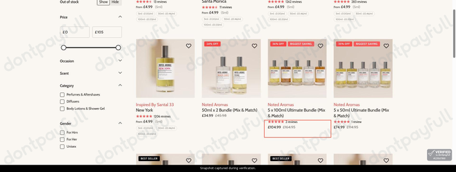 Snapshot of Noted Aromas promo: 'Up to 35% Off Unisex Fragrances' - captured during verification by DontPayFull on 03-Jul-2026.