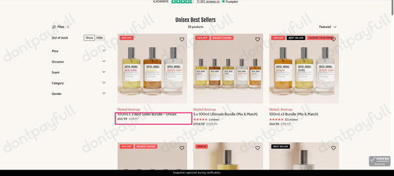 Snapshot of Noted Aromas promo: 'Save up to 35% on Top-rated Unisex Perfumes' - captured during verification by DontPayFull on 30-Jun-2026.