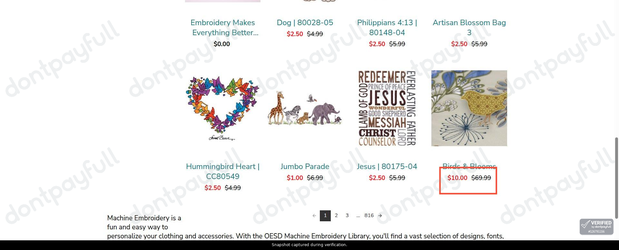 Snapshot of OeSD promo: 'Up to 85% Off Select Embroidery Collections' - captured during verification by DontPayFull on 04-Jul-2026.