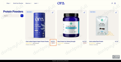 Snapshot of Ora Organic promo: 'Up to 33% Off Protein Powders' - captured during verification by DontPayFull on 17-Jun-2026.