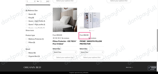 Snapshot of Organix Bed promo: 'Pillows from $54' - captured during verification by DontPayFull on 01-Oct-2026.