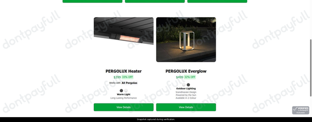 Snapshot of Pergolux promo: 'Accessories from $399' - captured during verification by DontPayFull on 11-Jun-2026.