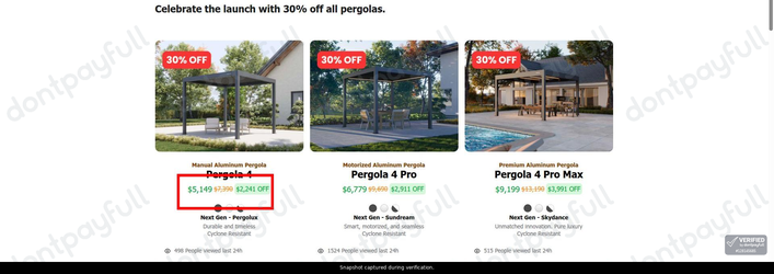 Snapshot of Pergolux promo: 'Save up to 30% on Pergolas' - captured during verification by DontPayFull on 11-Jun-2026.