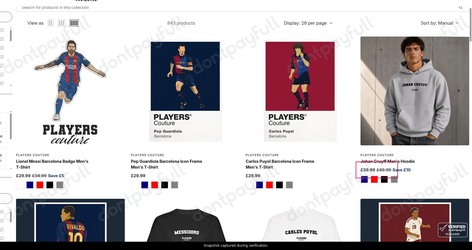 Snapshot of Players Couture promo: 'Up to 20% Off Barcelona Football Clothing' - captured during verification by DontPayFull on 01-Oct-2026.