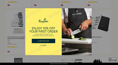 Snapshot of Russums promo: 'Get up to 60% Off Selected Knife Sets for Chefs' - captured during verification by DontPayFull on 13-Jun-2026.