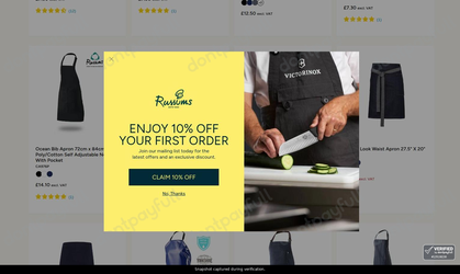 Snapshot of Russums promo: 'Up to £5 Off Professional Chef's Aprons' - captured during verification by DontPayFull on 13-Jun-2026.