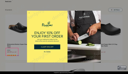 Snapshot of Russums promo: 'Get up to 30% Off Chef's Footwear' - captured during verification by DontPayFull on 13-Jun-2026.