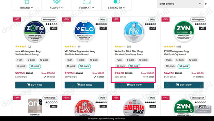 Snapshot of Prilla promo: 'Enjoy Up to $150 Off Top Brands Like Zyn, Velo, and on' - captured during verification by DontPayFull on 17-Aug-2026.