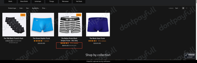Snapshot of T-Bô Clothing promo: 'Up to 65% Off Men's Bamboo Trunks on Sale' - captured during verification by DontPayFull on 02-Aug-2026.