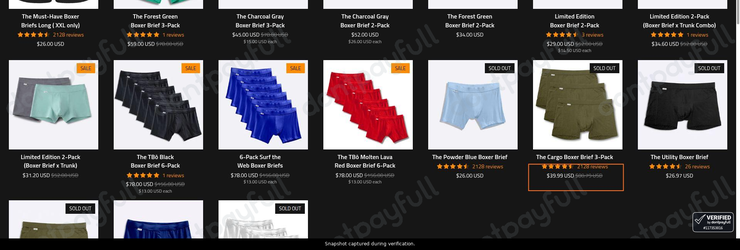 Snapshot of T-Bô Clothing promo: 'Up to 50% Off Men's Boxer Briefs' - captured during verification by DontPayFull on 14-Sep-2026.