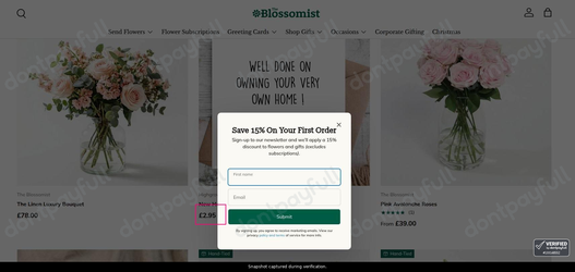 Snapshot of The Blossomist promo: 'Housewarming Bouquets from £2.95' - captured during verification by DontPayFull on 26-Oct-2026.