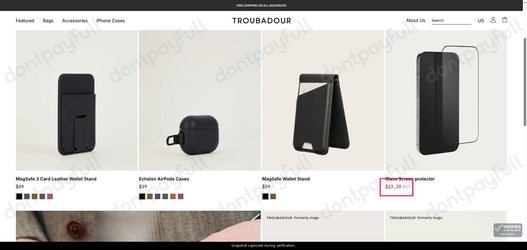 Snapshot of Troubadour promo: 'Up to 20% Off Tech Accessories' - captured during verification by DontPayFull on 15-Sep-2026.