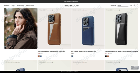 Snapshot of Troubadour promo: 'Save up to 70% on Leather Cases for Earlier iPhone Models' - captured during verification by DontPayFull on 22-Sep-2026.