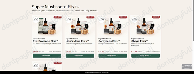 Snapshot of Auri Nutrition promo: 'Up to 40% Off Elixirs' - captured during verification by DontPayFull on 29-Jun-2026.