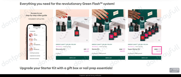 Snapshot of Manucurist promo: 'Up to 45% Off Green Flash Starter Kits' - captured during verification by DontPayFull on 29-Jun-2026.