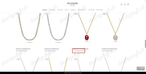 Snapshot of Sif Jakobs Jewellery promo: 'Find Your Perfect Necklace from Just $145' - captured during verification by DontPayFull on 30-Jun-2026.