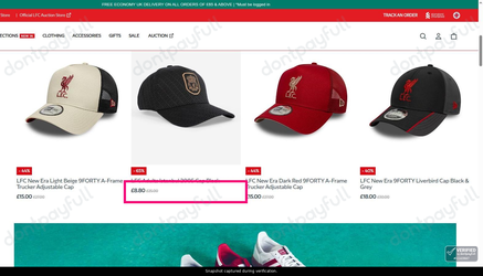 Snapshot of Liverpool Store promo: 'Save up to 65% on Men's Lfc Caps' - captured during verification by DontPayFull on 04-Aug-2026.