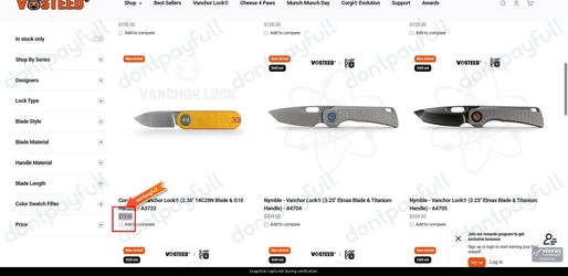 Snapshot of Vosteed promo: 'Get Knives with Vanchor Lock from $73' - captured during verification by DontPayFull on 27-Oct-2026.