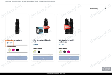 Snapshot of Water-to-Go promo: '1 Litre Eco Active Bottles Starting from £44' - captured during verification by DontPayFull on 28-Oct-2026.