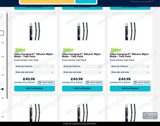 Snapshot of Wiper Blades promo: 'Valeo Everguard Silicone Wipers from £43' - captured during verification by DontPayFull on 01-Oct-2026.